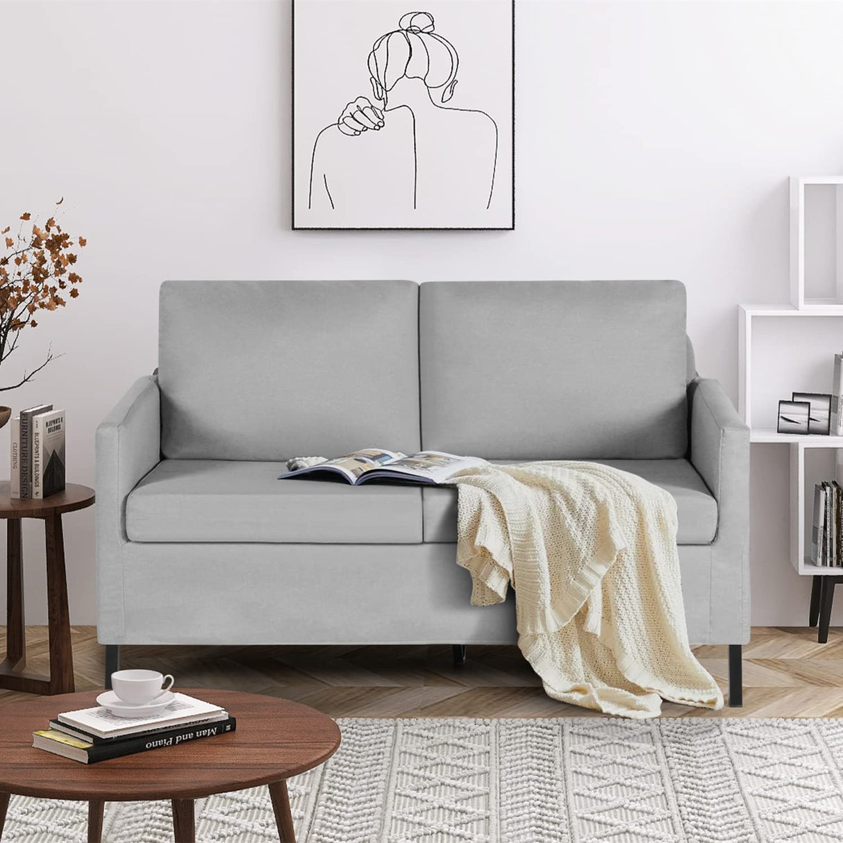 51" W Loveseat Sofa Modern Upholstered Sofas Couch with 2 Pillows Linen Fabric Love Seats Couches for Living Room, Bedroom, Apartment and Small Space (Light Grey)