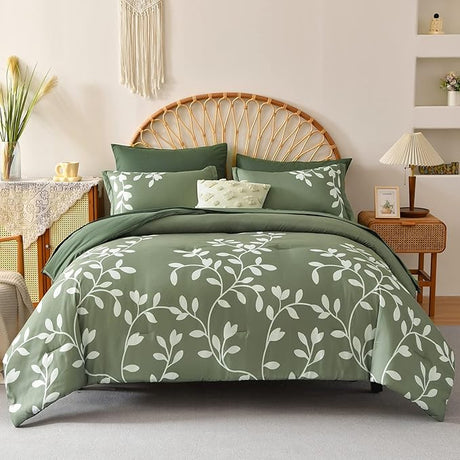 King Size Comforter Set - 7 Pieces White Floral Botanical Printed on Grey King Comforter