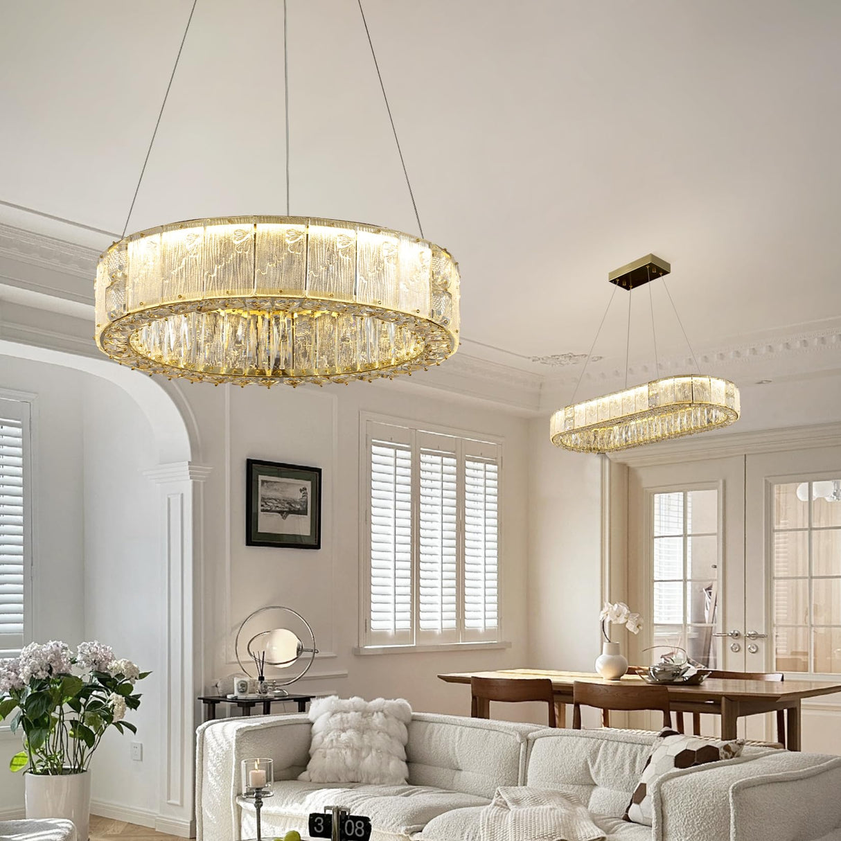 20" Gold Crystal Chandelier,Dimmable LED Ring Light for Dining Room, Bedroom