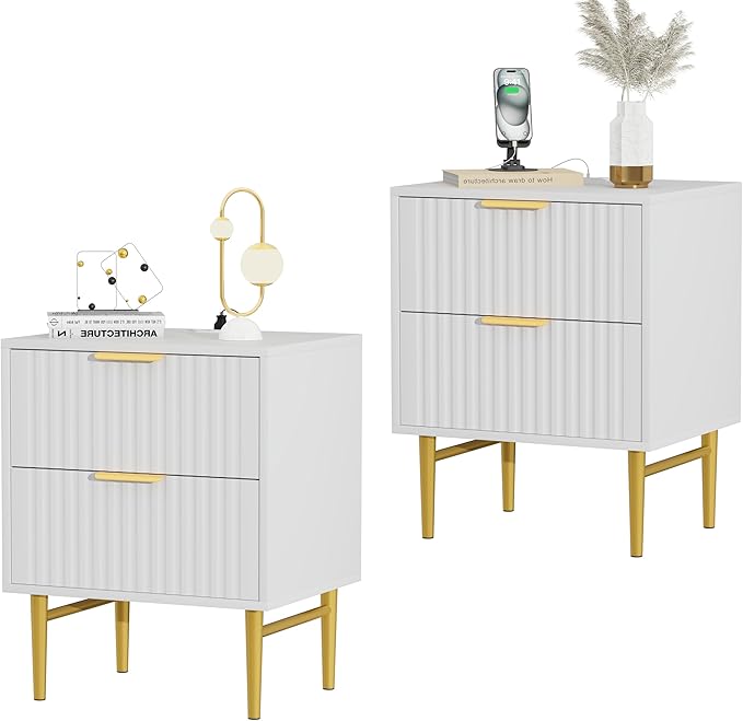 Nightstand with Charging Station, Side Table with 2 Drawers, Fluted End Table with Gold