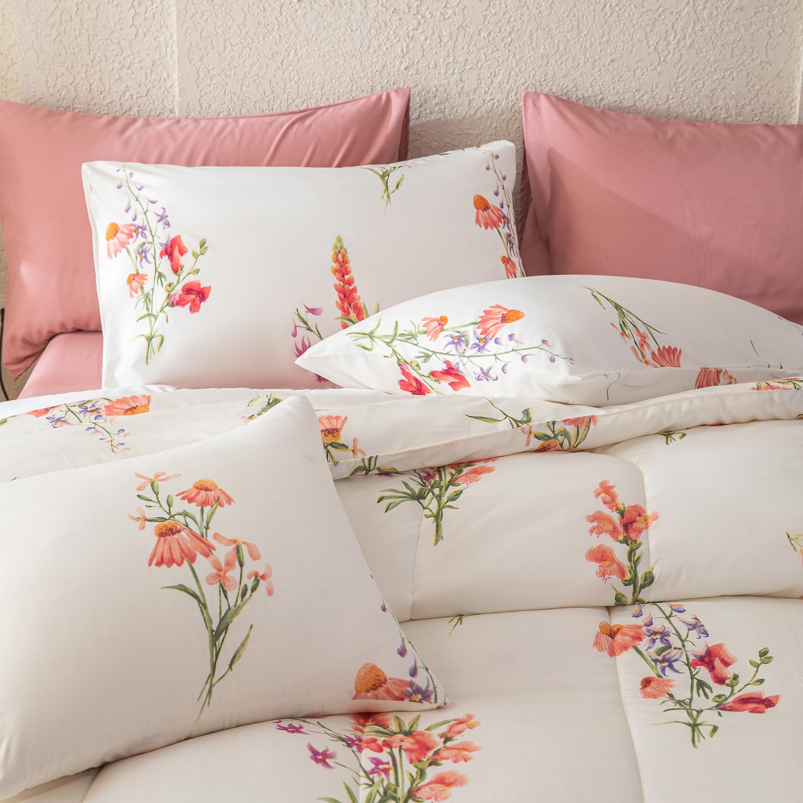 8 Pcs Bed in a Bag Queen Botanical Floral Comforter Set Pink Flowers