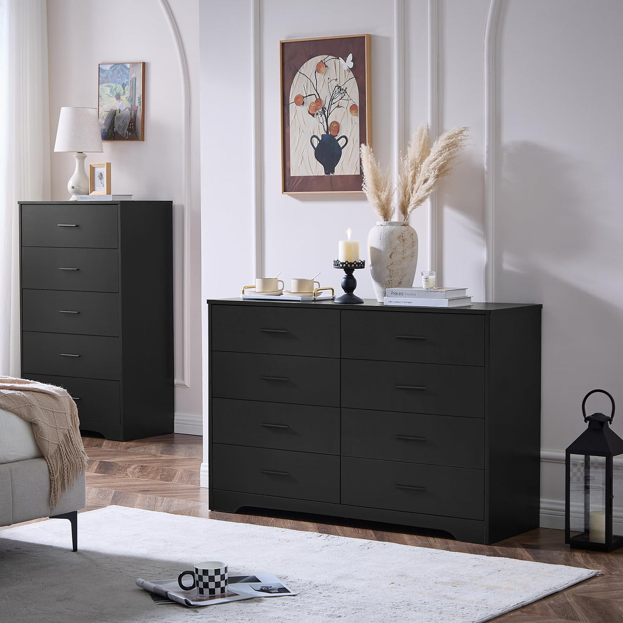 Black Dresser for Bedroom Wooden, 8 Drawer Dressers & Chests of Drawers, Modern Wood Tall Dresser, 48 Inches Wide Chest of Drawers for Bedroom, Hallway, Living Room