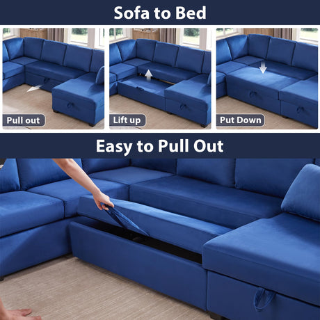 mestyl Convertible Pull Out Sleeper Sofa Bed with Storage Chaise, Oversized U Shaped Sectional Couch Bed with 2 Pillows, Comfy Large L Shaped Pullout Couches Bed for Living Room, Velvet, Blue, MT002