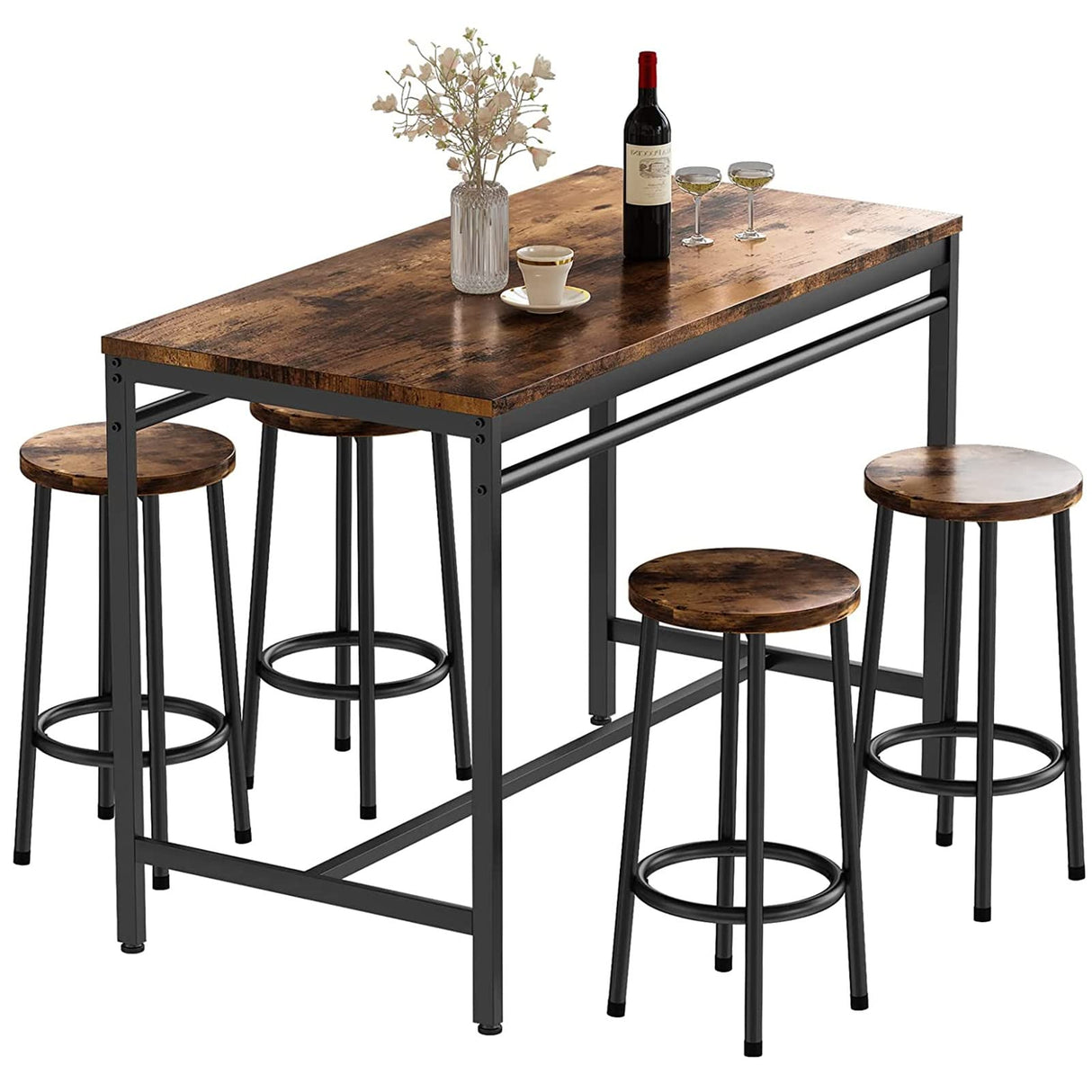 5-Piece Dining Table Set, Kitchen Table and Chairs Set for 4, Industrial Outdoor Bar Table