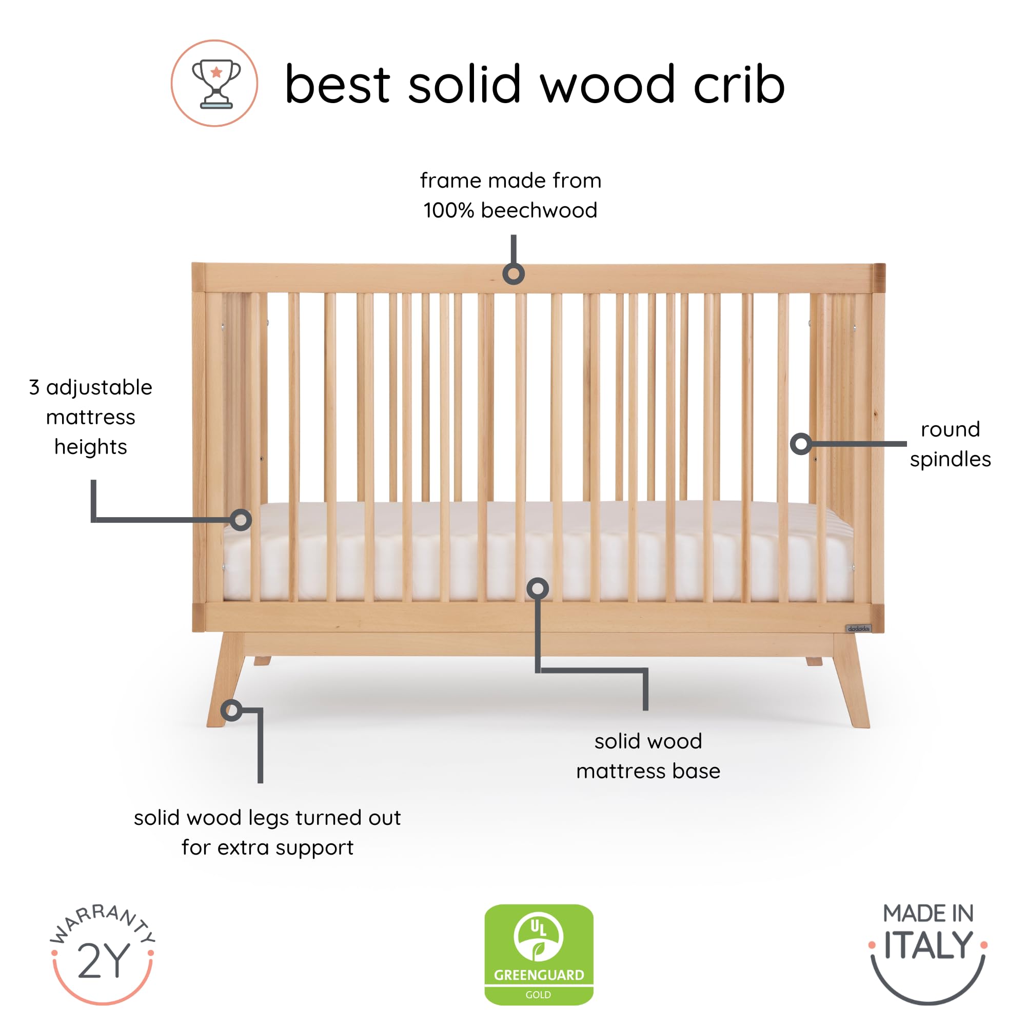 3-in-1 Convertible Crib to Toddler Bed – Wooden Crib Made in Italy