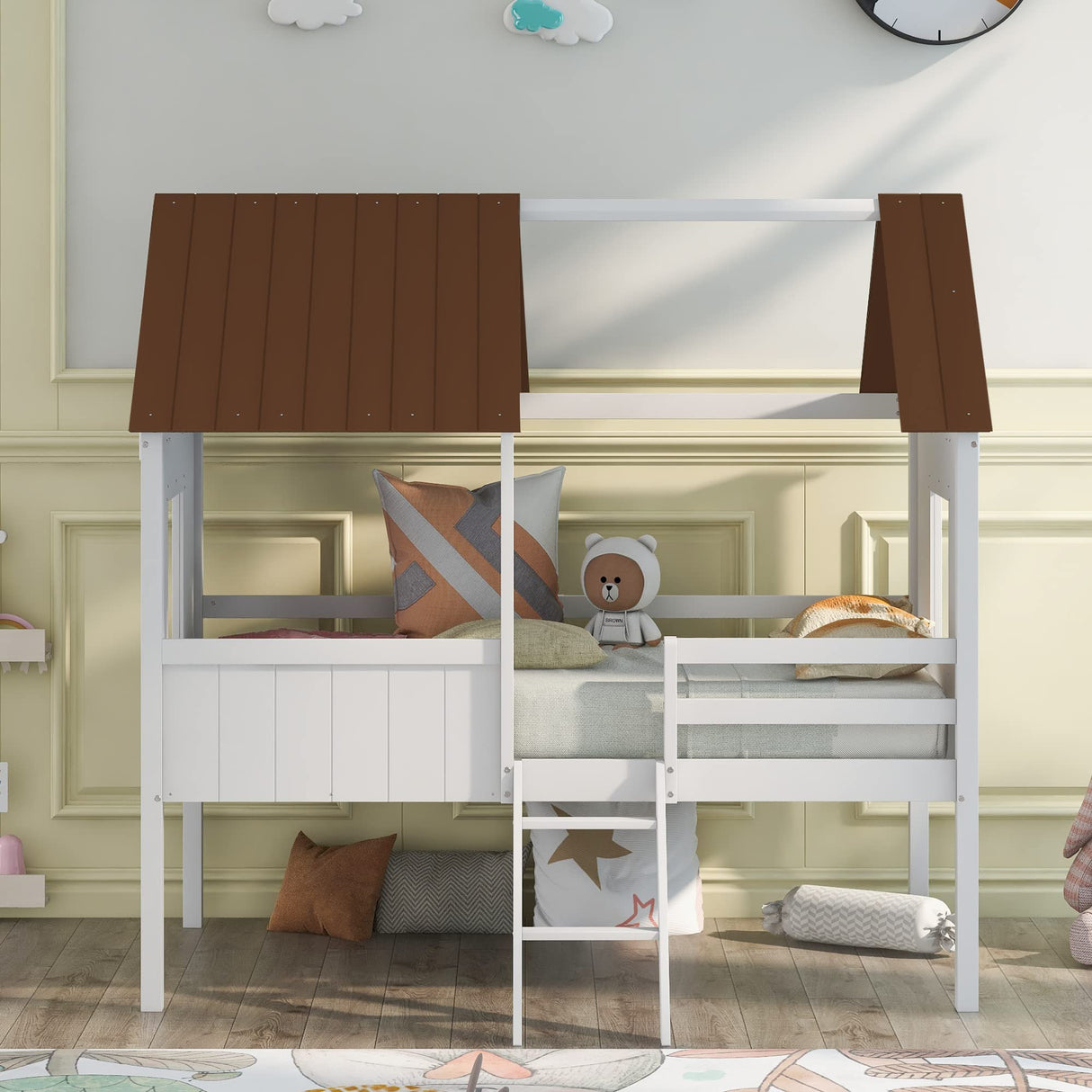 Twin Size Low Loft Bed with House Shape, House Bed with Guardrails and Climbing Ladder