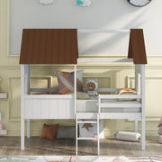 Twin Size Low Loft Bed with House Shape, House Bed with Guardrails and Climbing Ladder