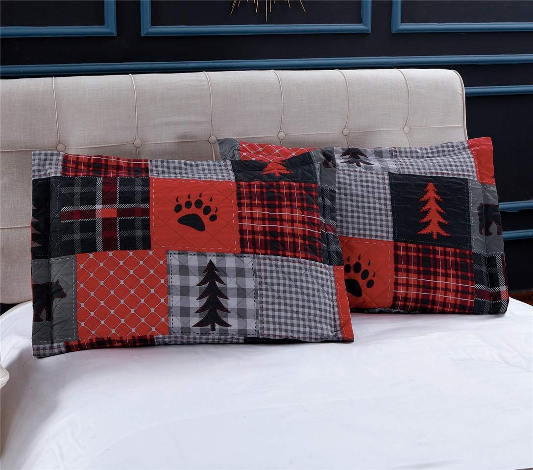 Rustic Bear Quilts Set Full/Queen Size, Red Black Plaid Patchwork Bedding Lightweight