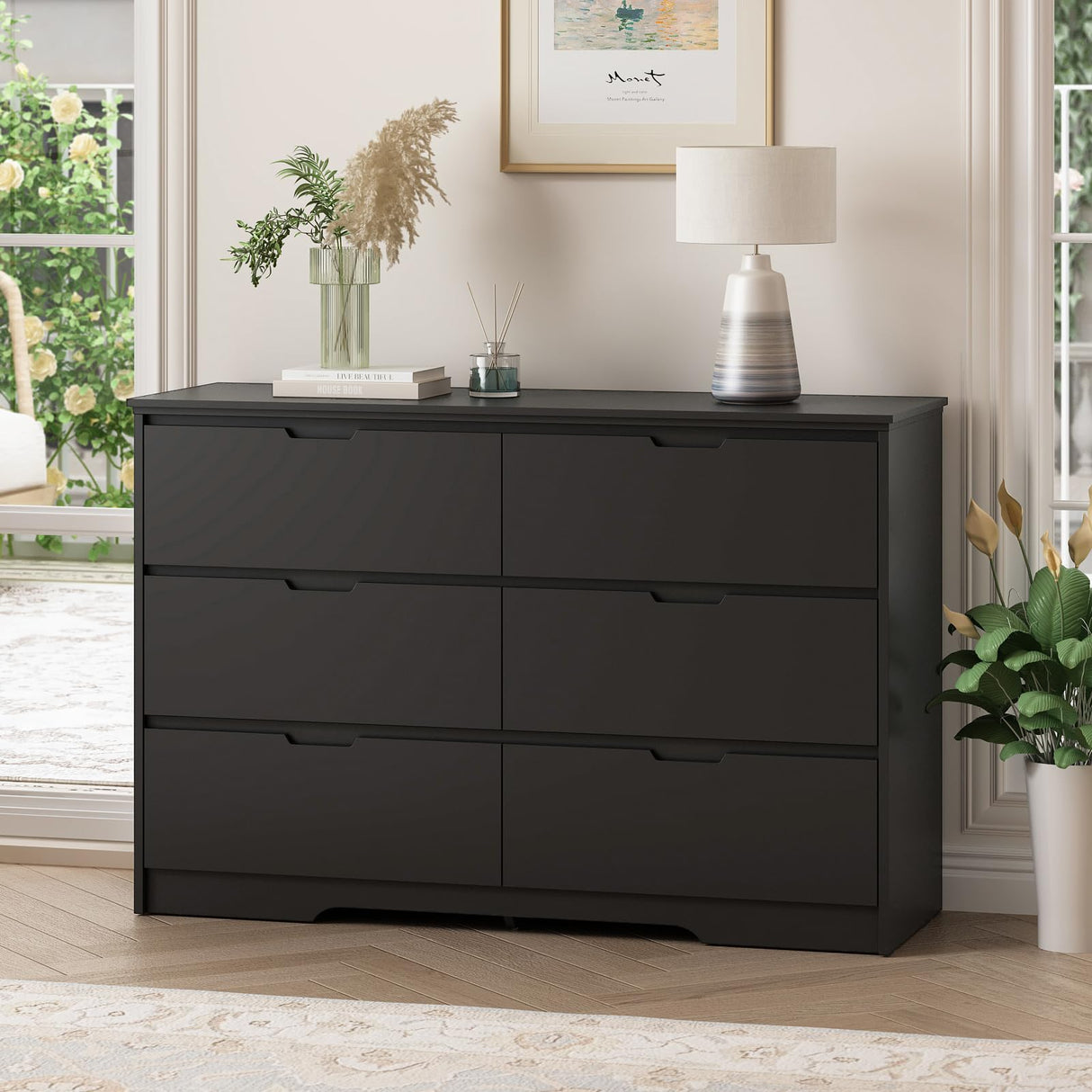 Black Dresser for Bedroom, 6 Drawer Dresser with Wide Drawer, Wood Dressers & Chests of Drawers for Hallway, Entryway.