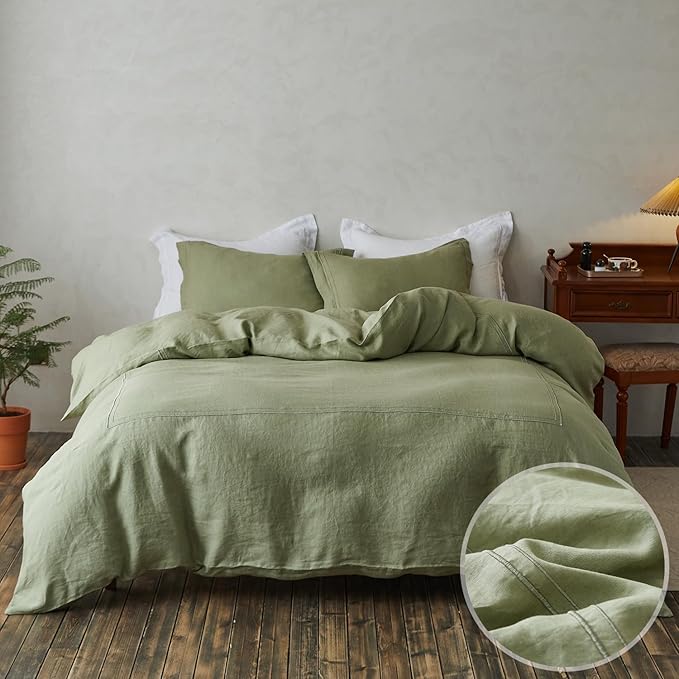 100% Washed Linen Duvet Cover with Embroidered,Queen Size(88"x 92")