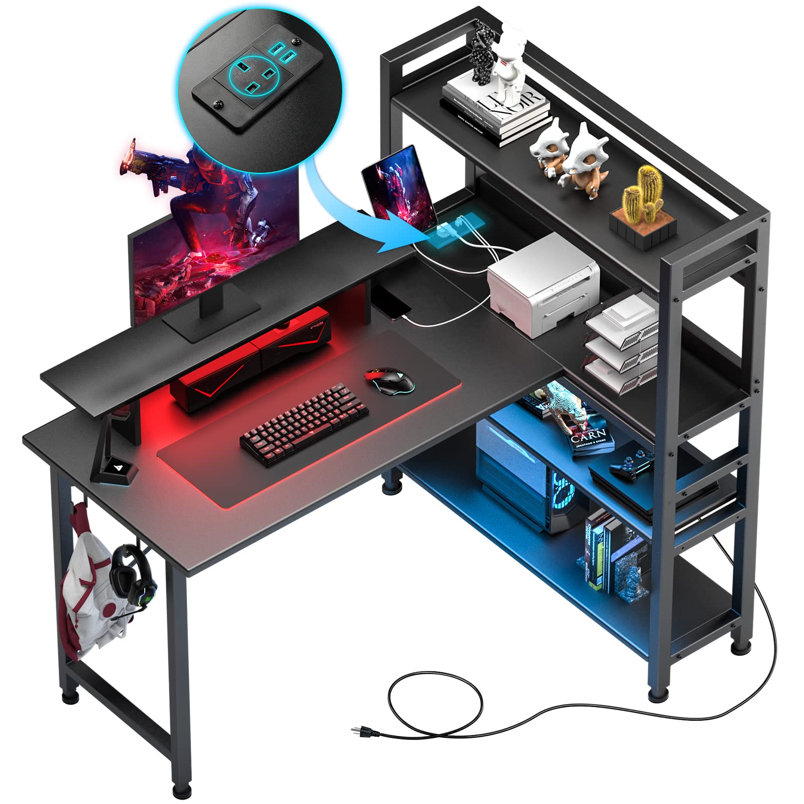 Gaming L Shaped Computer Desk, 55" Home Office Desk with Shelves