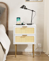 Rattan Nightstand with Charging Station, 2 Drawer Dresser for Bedroom