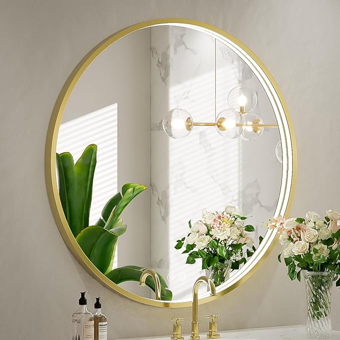 28 Inch LED Black Frame Round Mirror,Round Bathroom Mirror with Light,Anti-Fog & Dimmable