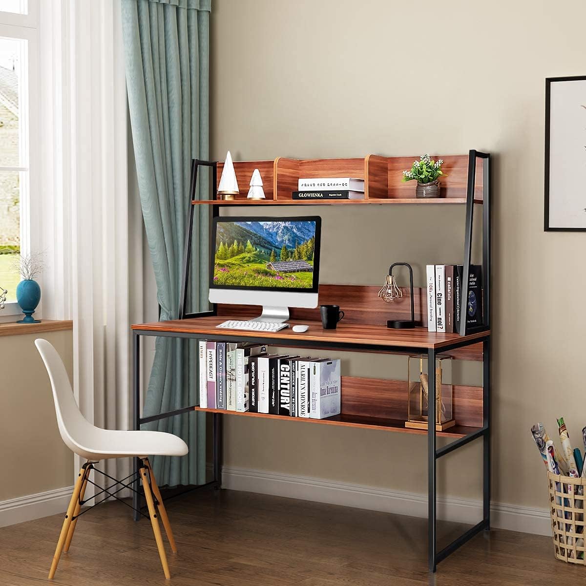 Computer Desk with Hutch & Bookshelf, 47" PC Laptop Table Workstation w/ 3 Storage Cubes & Open