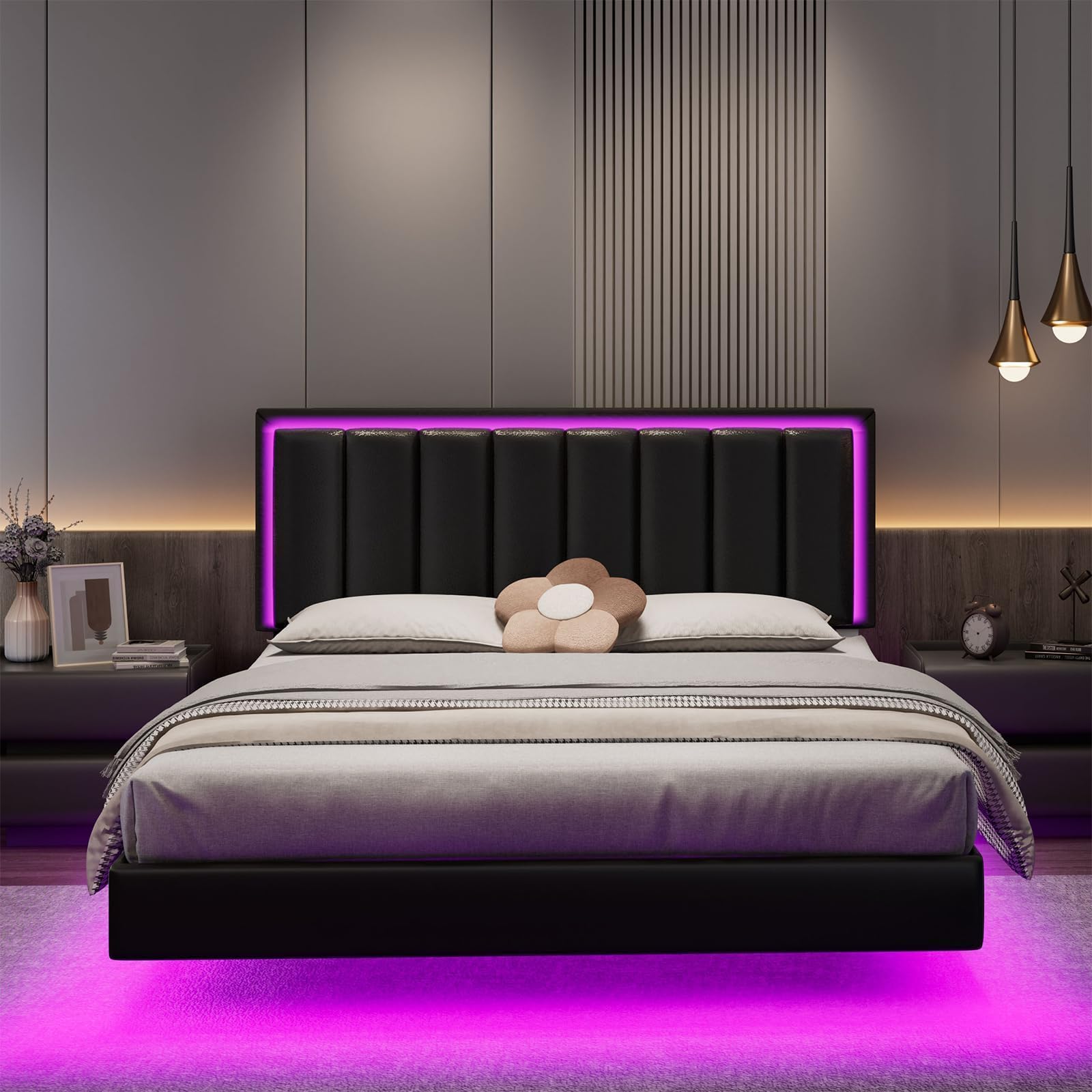 Queen Floating Bed Frame with RGB LED Lights