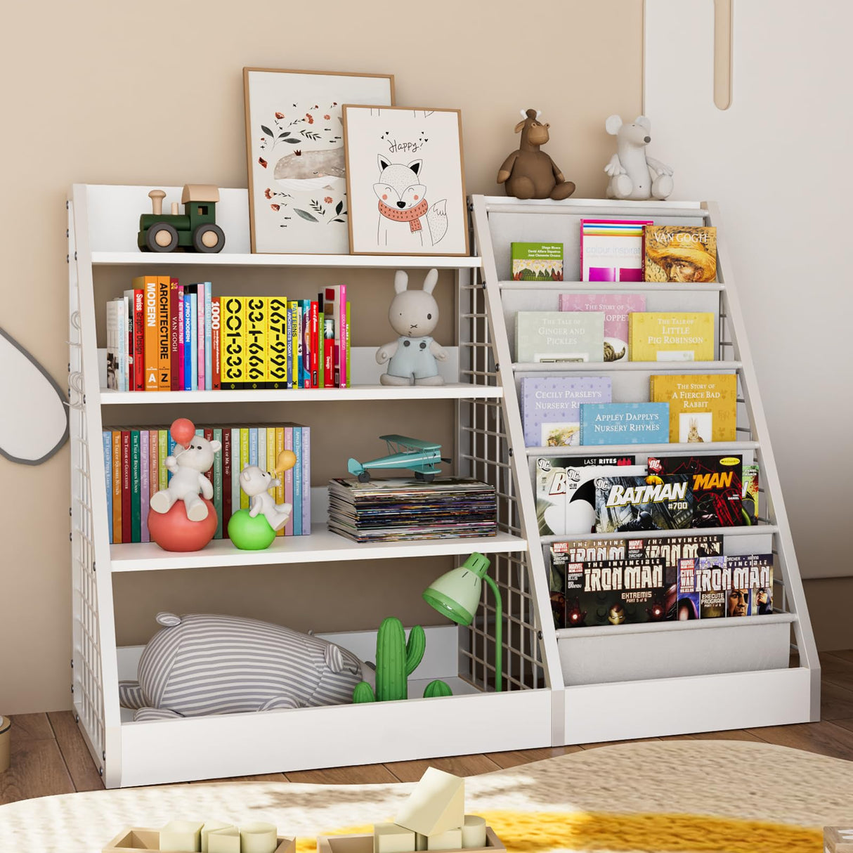 4-Tier Kids Wooden Bookshelf | Sling Bookcase & Toy Organizer