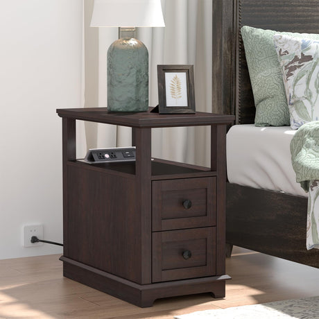 End Table with 2 Drawers, Storage Side Table with Flip Top Fast Charging Station