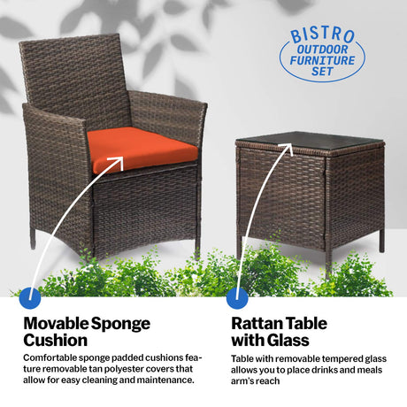 Pyramid Home Decor Alvino Patio Bistro Set 3-Piece Outdoor Wicker Furniture Sets, Modern Rattan Garden Conversation Chair with Thick Cushion and Glass Top Coffee Table (Orange)