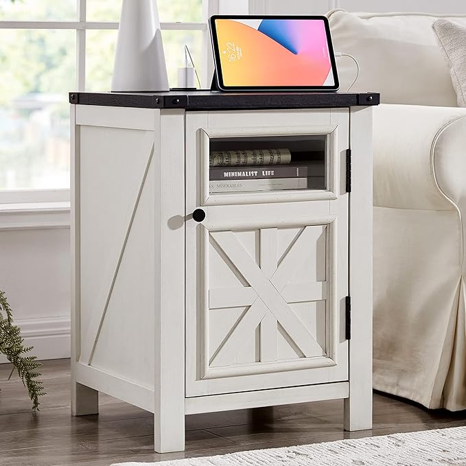 Farmhouse End Table with Charging Station, 18'' Rustic Nightstand with Barn Doo