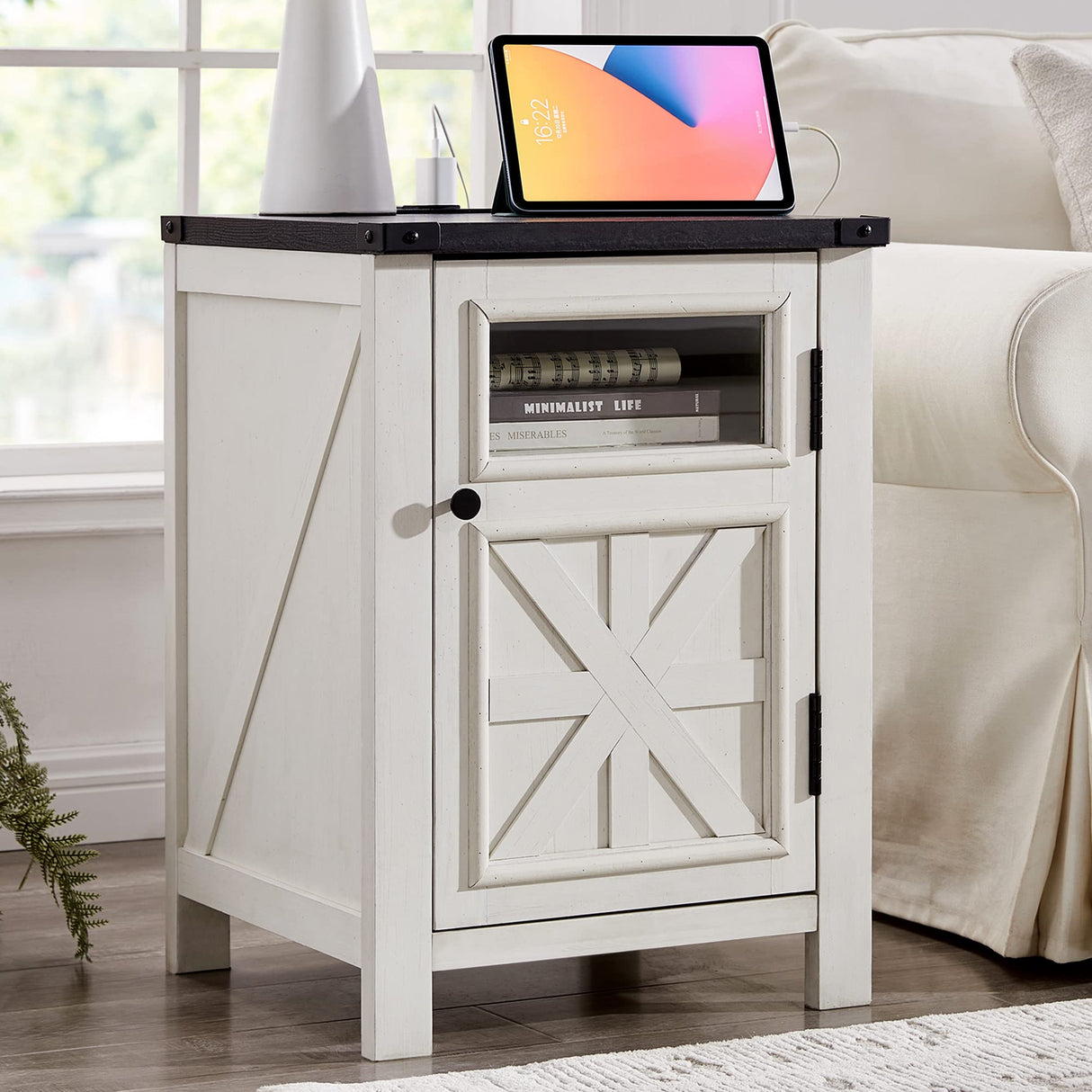 Farmhouse End Table with Charging Station, 18'' Rustic Nightstand