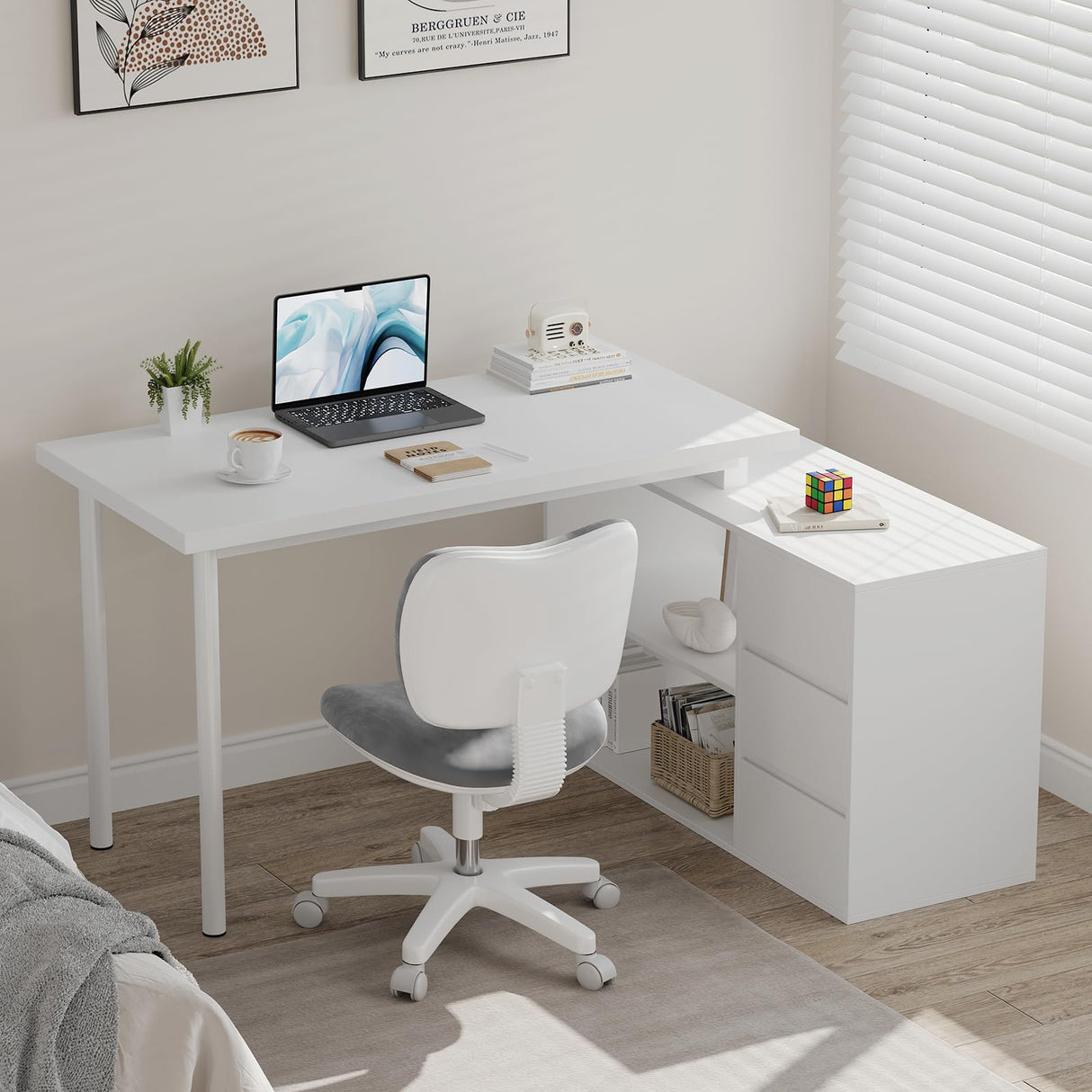 L Shaped Computer Desk, 47 Inch Home Office Desk with File Drawers & Storage Shelves