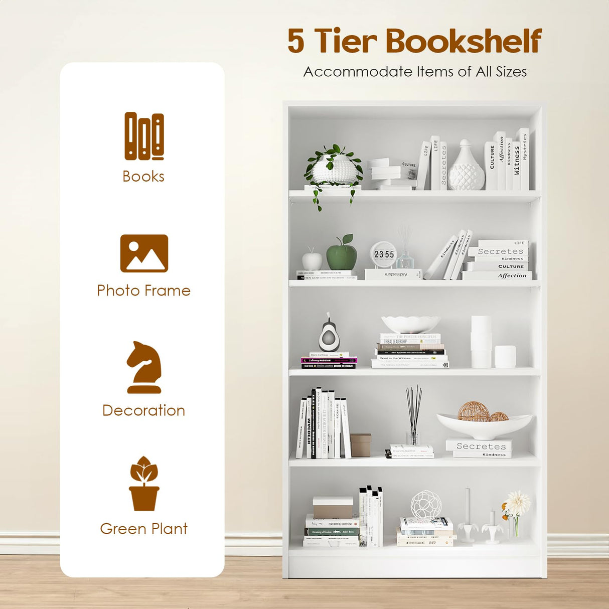 Soohow White Bookcase,Bookshelf for Bedroom,60 inches Tall Wood Book case Book Shelves,5 Shelf Book Shelves for Living Room Office