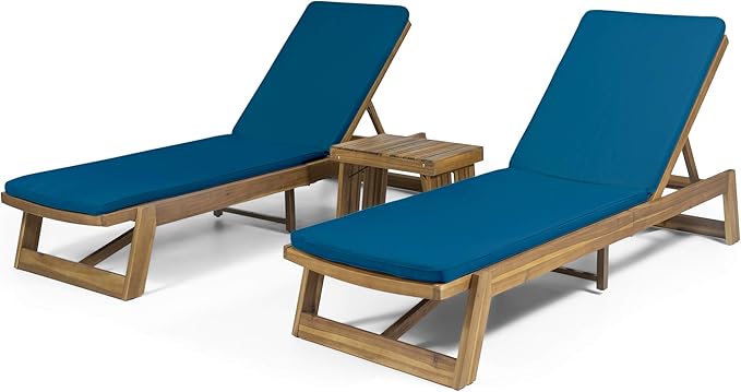 Eugene Outdoor Acacia Wood 3 Piece Chaise Lounge Set, Teak Finish, Yellow, Cream