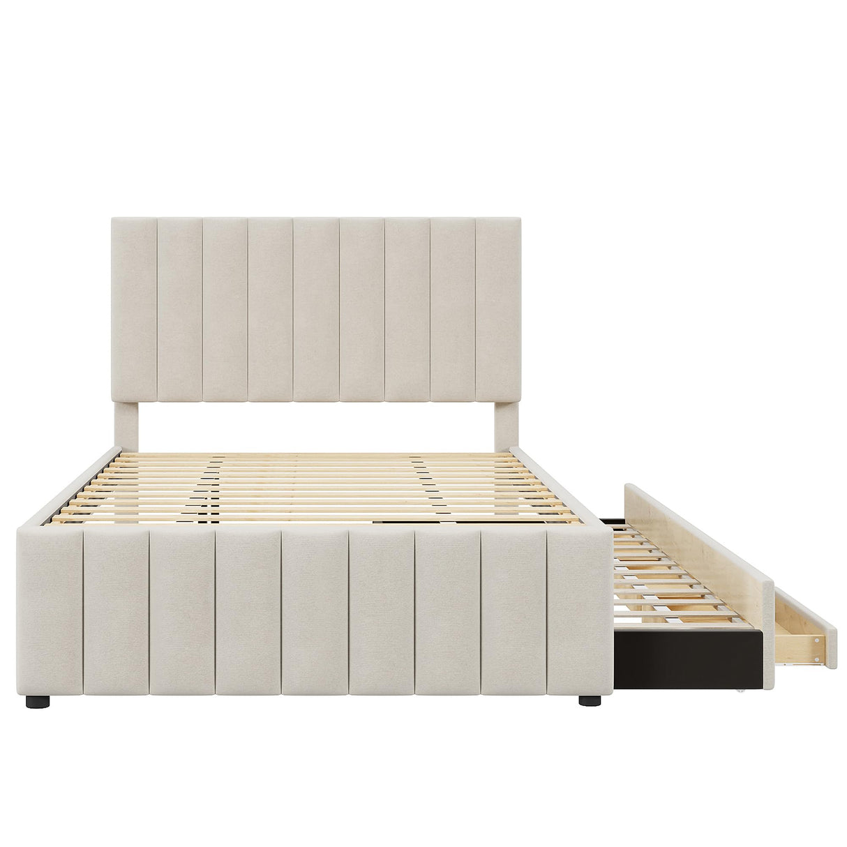 Bed Frame Full Size Linen Fabric Platform Bed Frame with Trundle and 3 Drawers, No