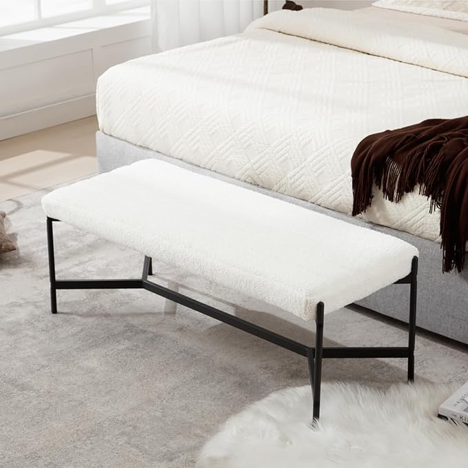 Modern Faux Leather End of Bed Bench, Upholstered Entryway Bench with Metal Legs