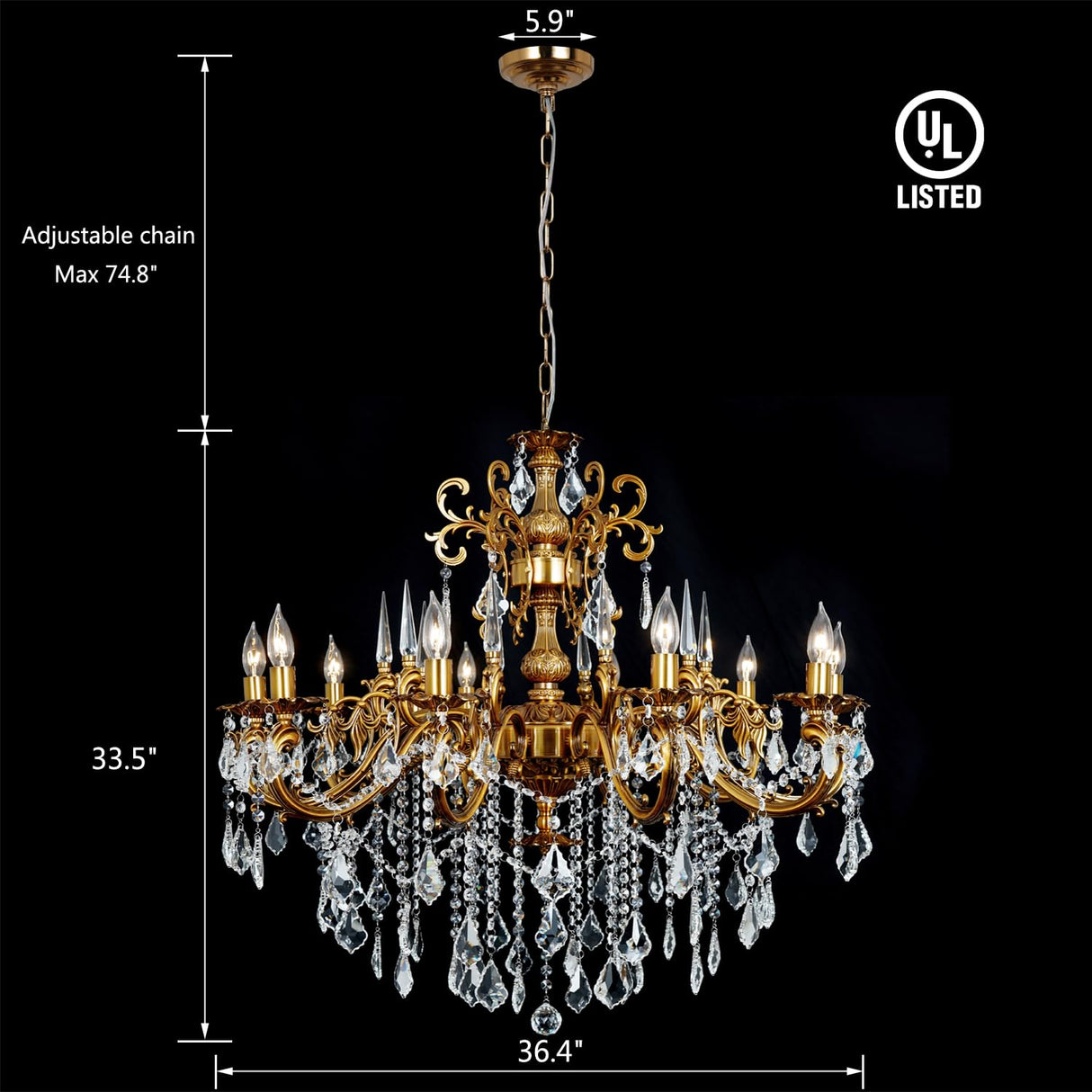 Crystal Chandeliers Antique Gold Farmhouse Chandelier Lighting for High Ceiling 10-Light