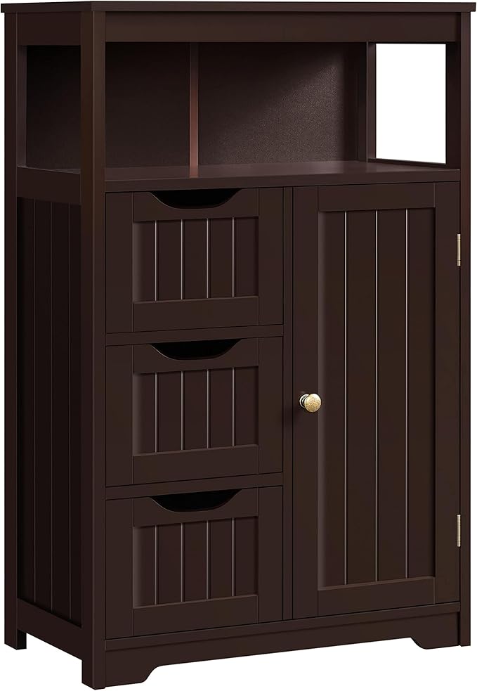 Bathroom Floor Cabinet Wooden Storage Organizer with 1 Door and 3 Drawers, Free-Standing Cupboard