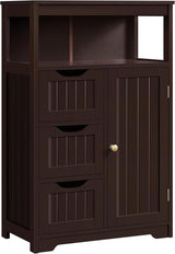 Bathroom Floor Cabinet Wooden Storage Organizer with 1 Door and 3 Drawers, Free-Standing Cupboard
