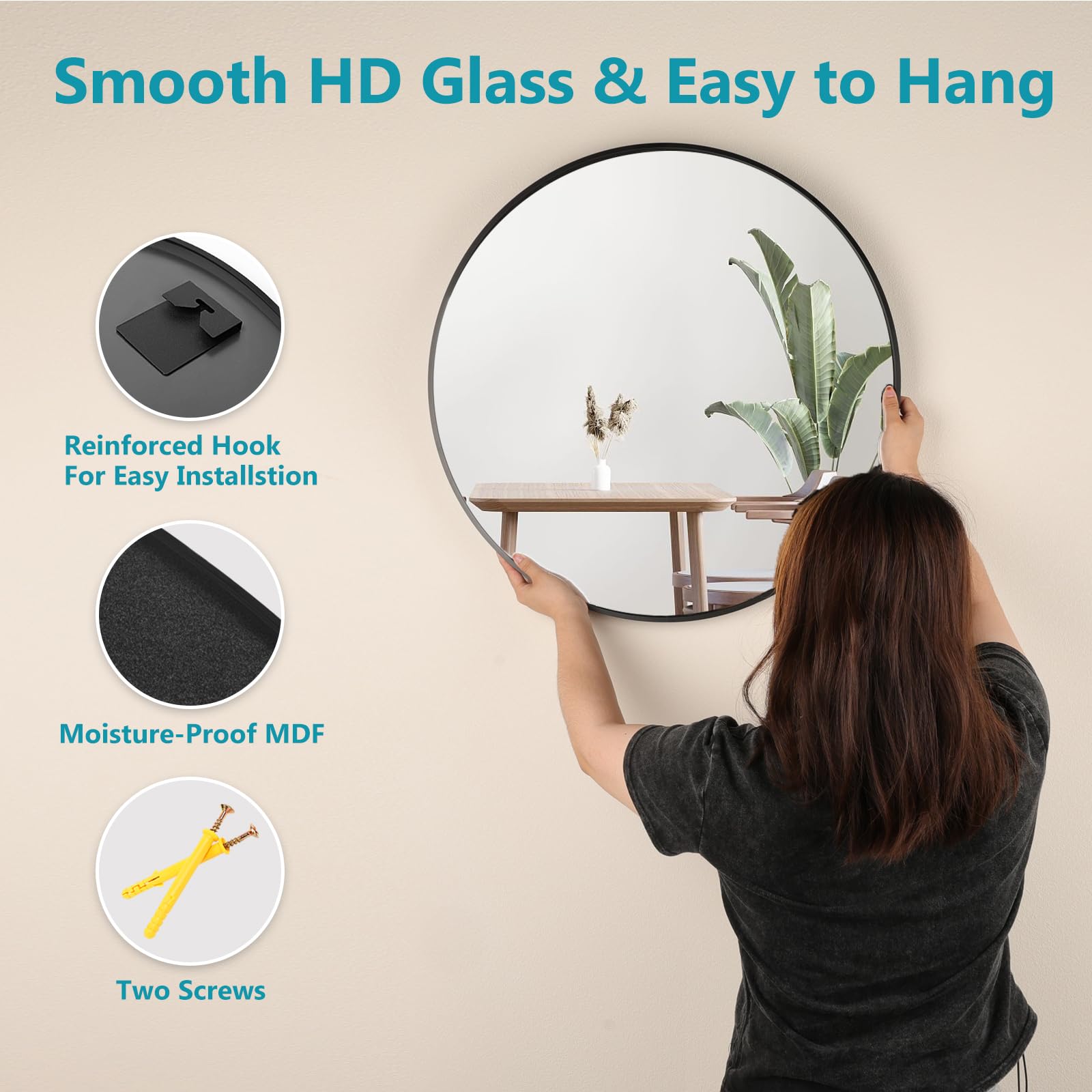 Black Circle Mirror for Wall 20 inch - Round Mirror for Bathroom, Entryway