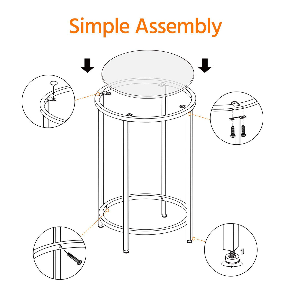 Round Accent Table Glass Top Sofa End Table w/Metal Frame, Protective Foot Pads