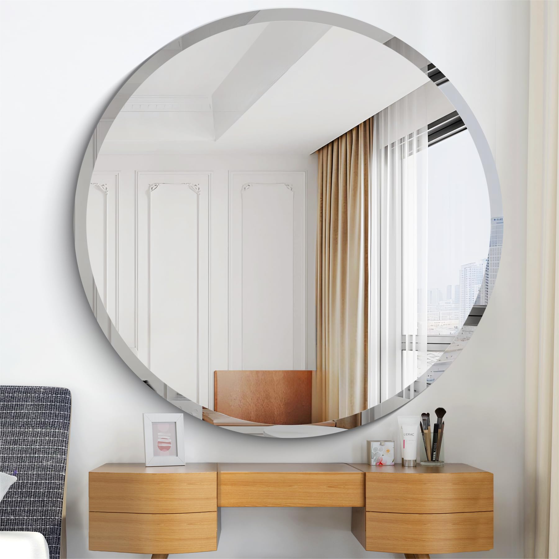 Frameless Round Mirror, 42 inch Beveled Bathroom Mirrors