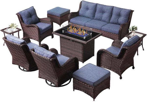 10 Pieces Outdoor Patio Furniture Set with Fire Pit Table