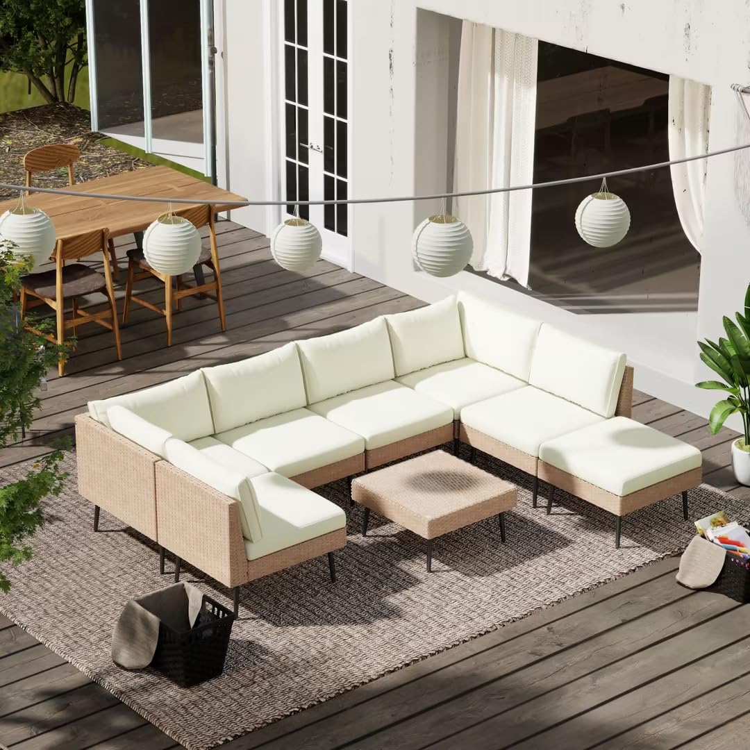 Outdoor Patio Sectional Furniture Set, 8 Piece Wicker Conversation Patio Furniture