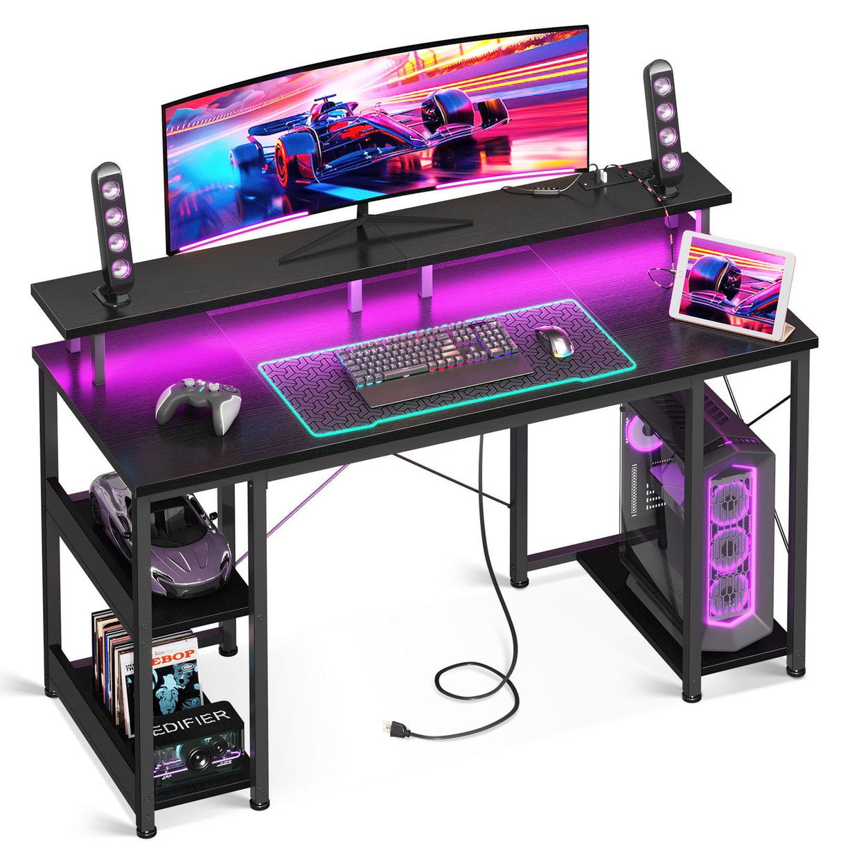 ODK 48 inch Gaming Desk with LED Lights & Power Outlets, Computer Desk with Monitor Stand & Storage Sheves, CPU Stand, Home Office Desk, Black