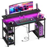 ODK 48 inch Gaming Desk with LED Lights & Power Outlets, Computer Desk with Monitor Stand & Storage Sheves, CPU Stand, Home Office Desk, Black