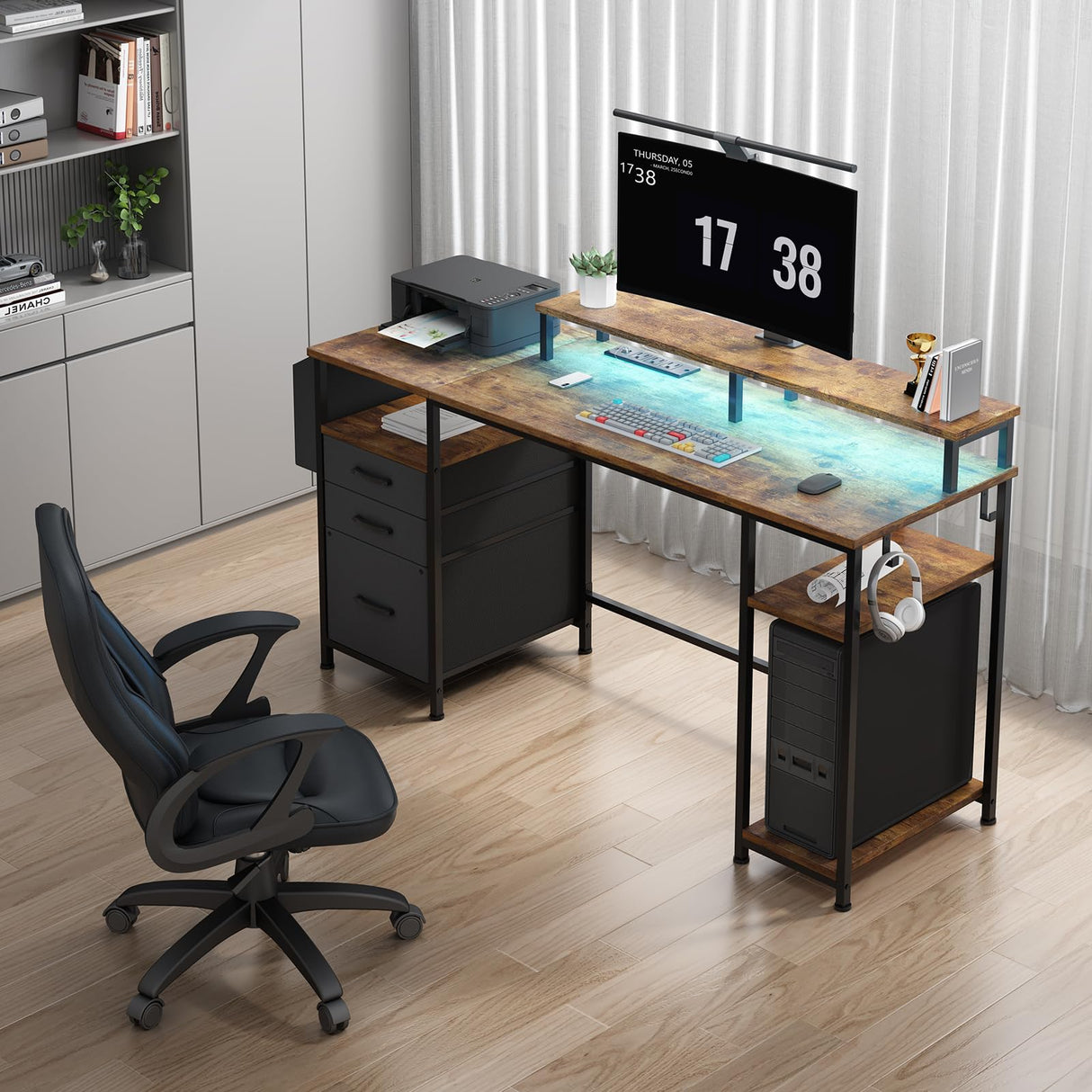 Computer Desk with Fabric File Drawers Cabinet, 55 Inch Home Office Desk with Shelves