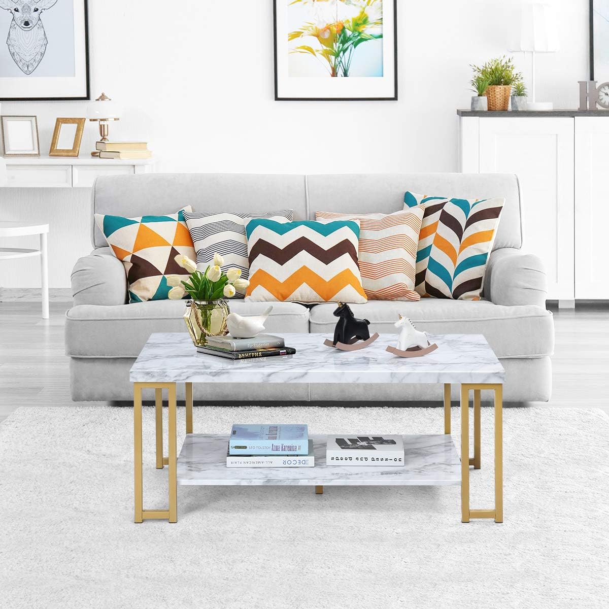 Rectangular Coffee Table, 2-Tier Center Table W/Faux Marble Tabletop