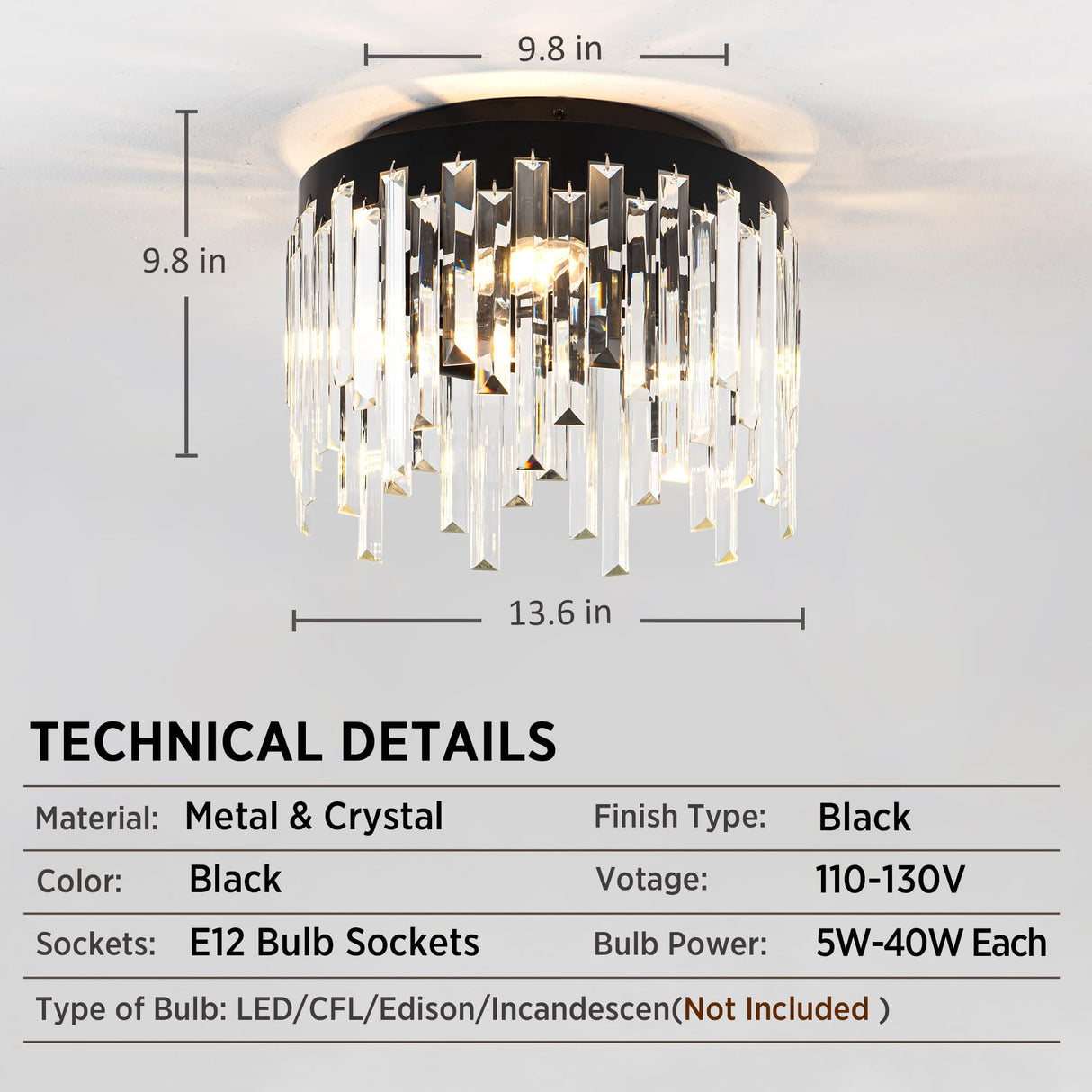 MAYNA Crystal Ceiling Light, Balck Flush Mount Ceiling Light, Modern Chandelier for Entryway, Kitchen, Corridor, Hallway, Living Room(Bulb Not Included)