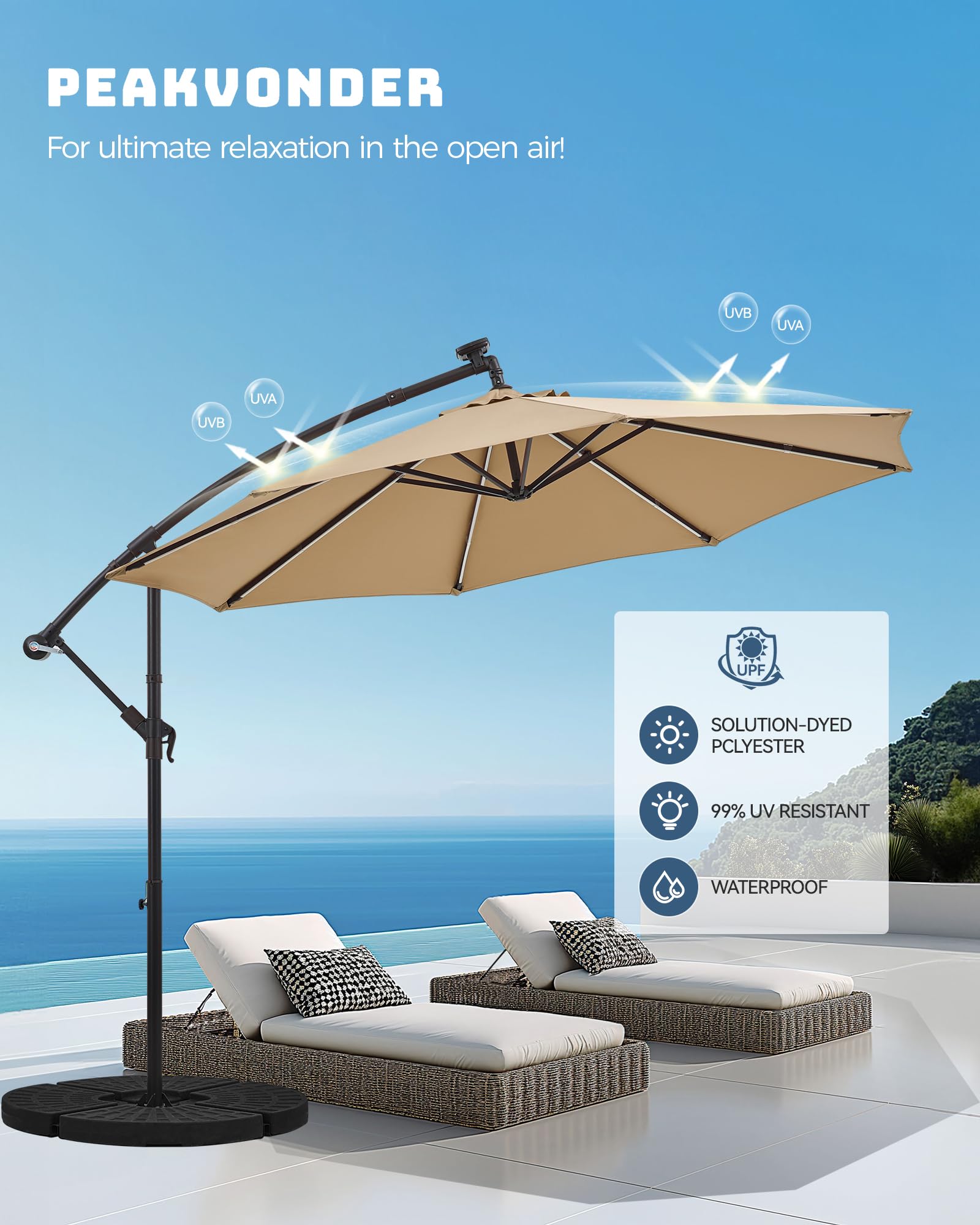 PEAKVONDER 10 ft Cantilever Offset Patio Umbrella With Solar Lights, Large Outdoor Umbrellas for Patio, Dual Charging, 200+ Light Modes, Heavy Duty, for Pool, Deck, Market, Tan HPU032T