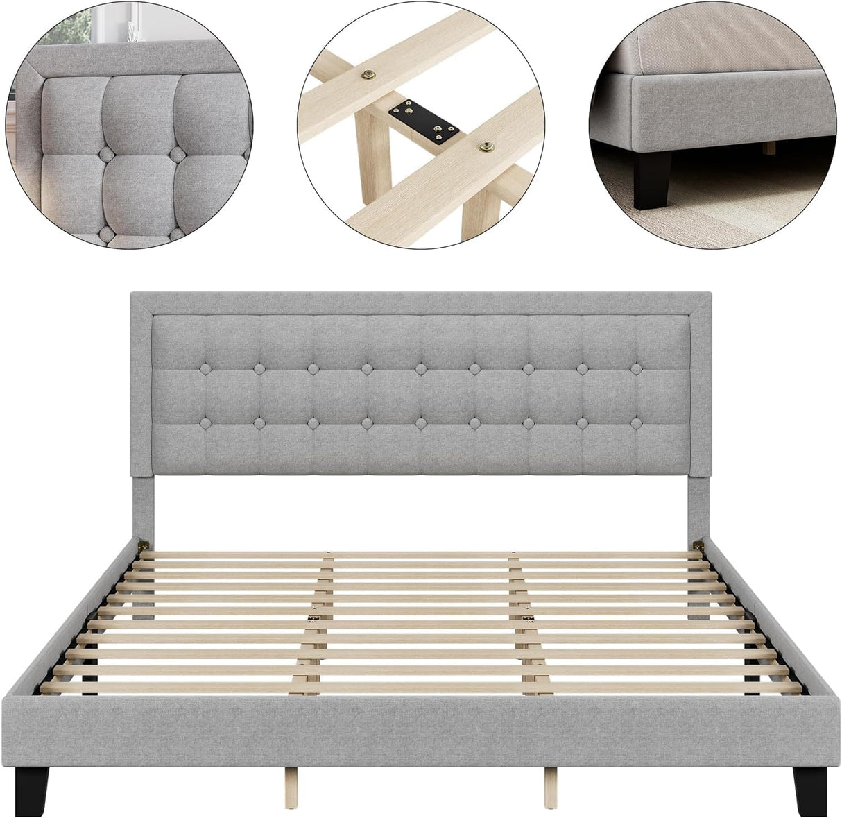 Full Size Bed Frame with Button Tufted Headboard, Upholstered Low Platform Bed Frame,