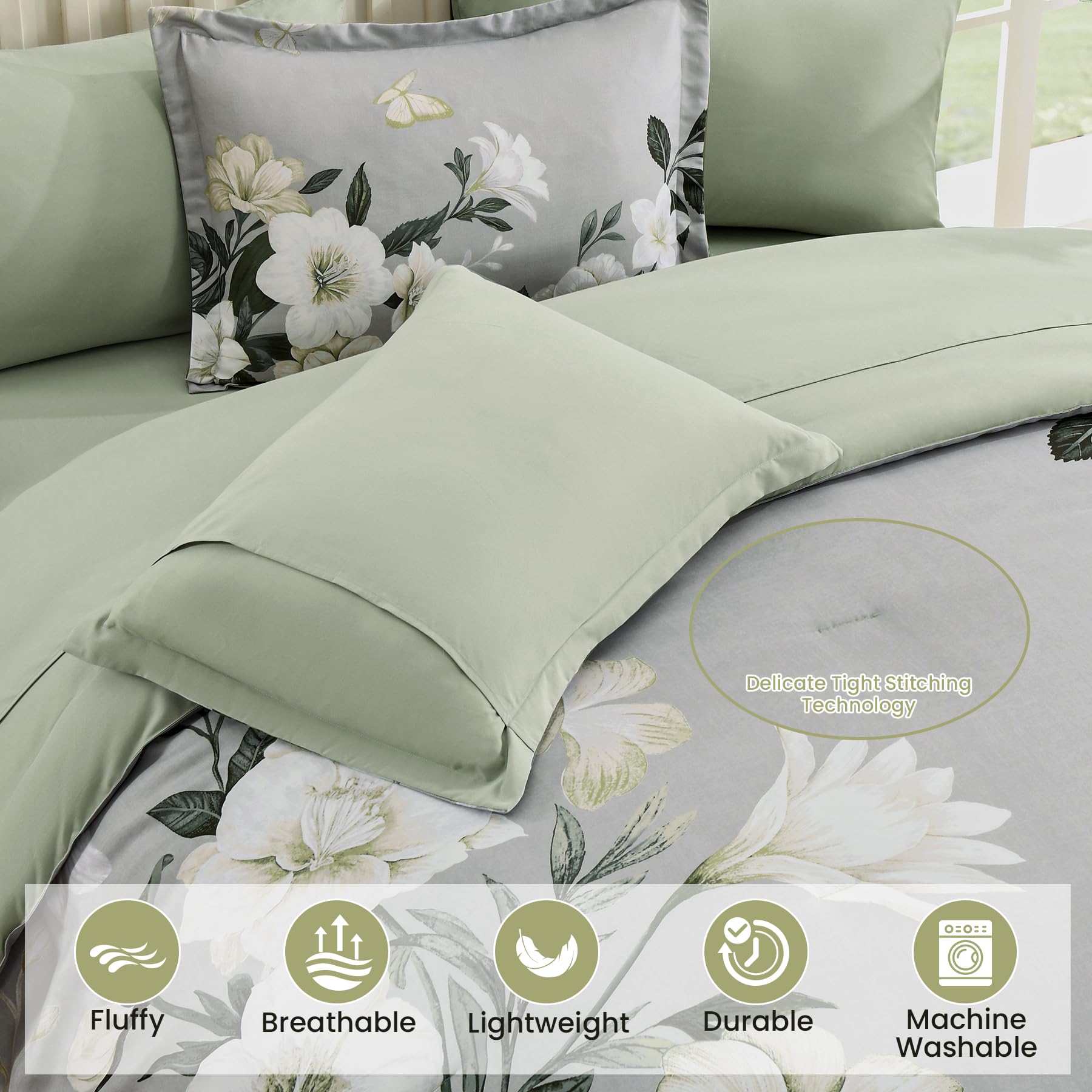 7-Piece King Comforter Set - Sage Green Floral
