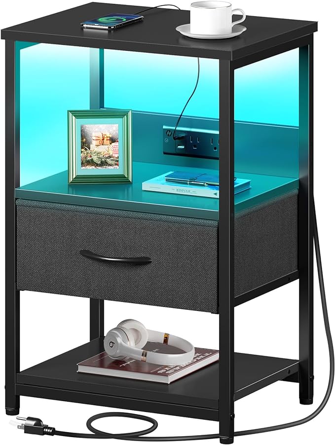 Nightstand Set of 2, LED Bedside Tables with Charging Station and Fabric Drawer, Night