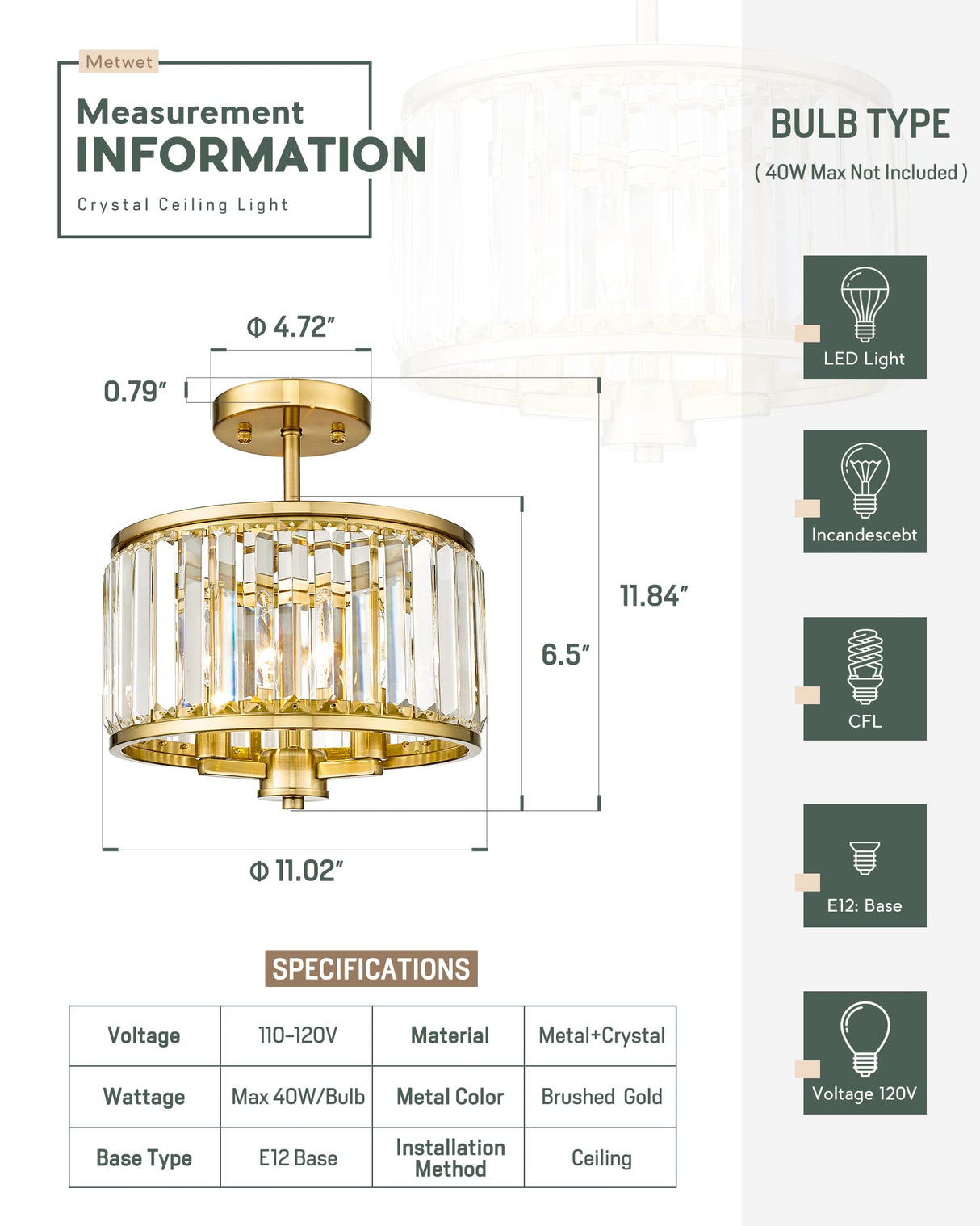 METWET Semi Flush Mount Ceiling Light Fixture, 11" Crystal Light Fixture, 3-Light Modern Lamps with Brush Gold Finish for Bathroom, Dinning Room, Hallway, Bedroom, SM821-BG