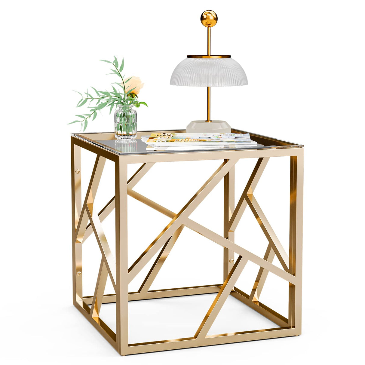 Square Glass End Table with Shelf Stainless Steel Structure, Modern Golden Nightstand