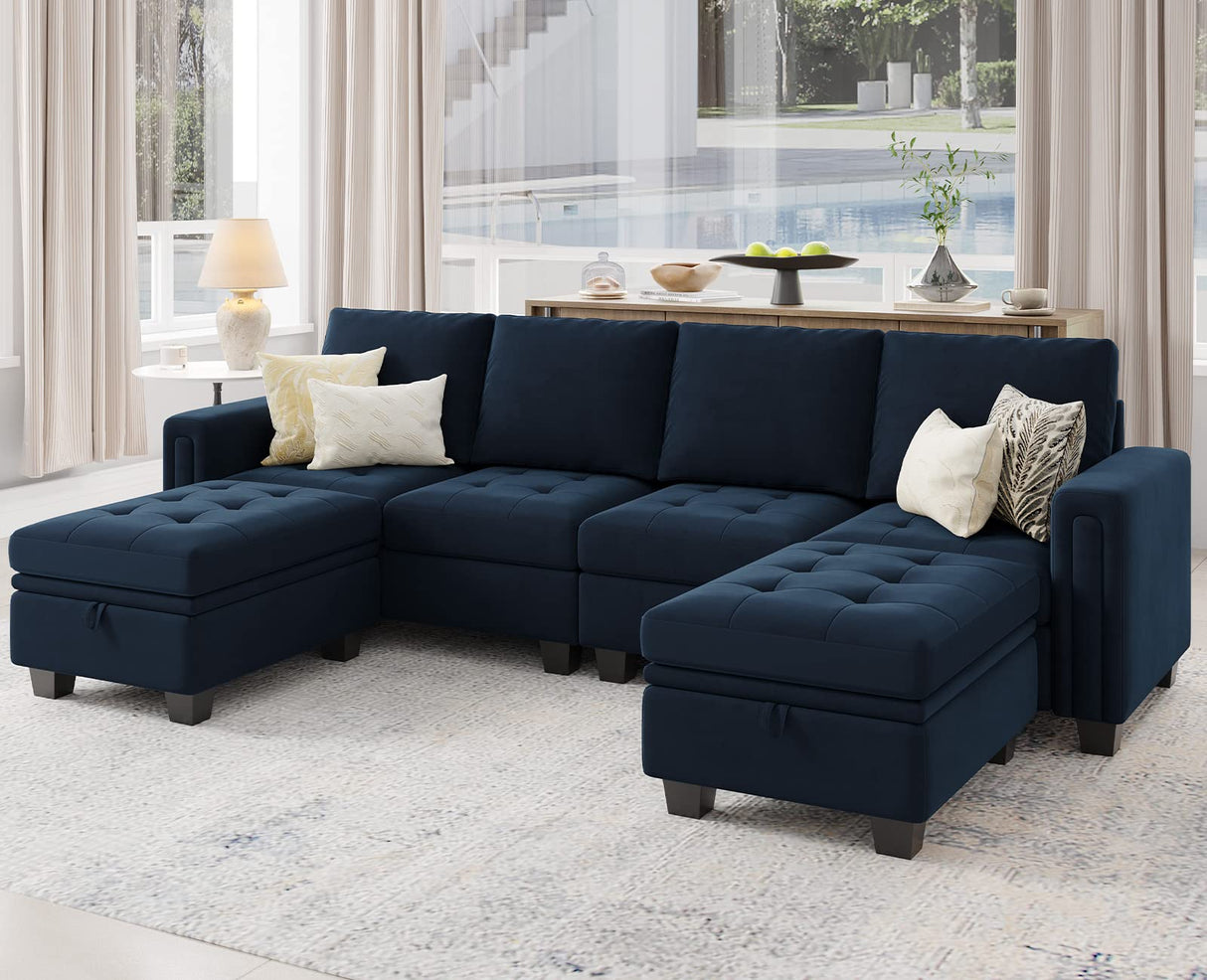 Velvet U shaped Sectional Sofa Couch with Storage Ottoman Convertibel Sectional Sofa