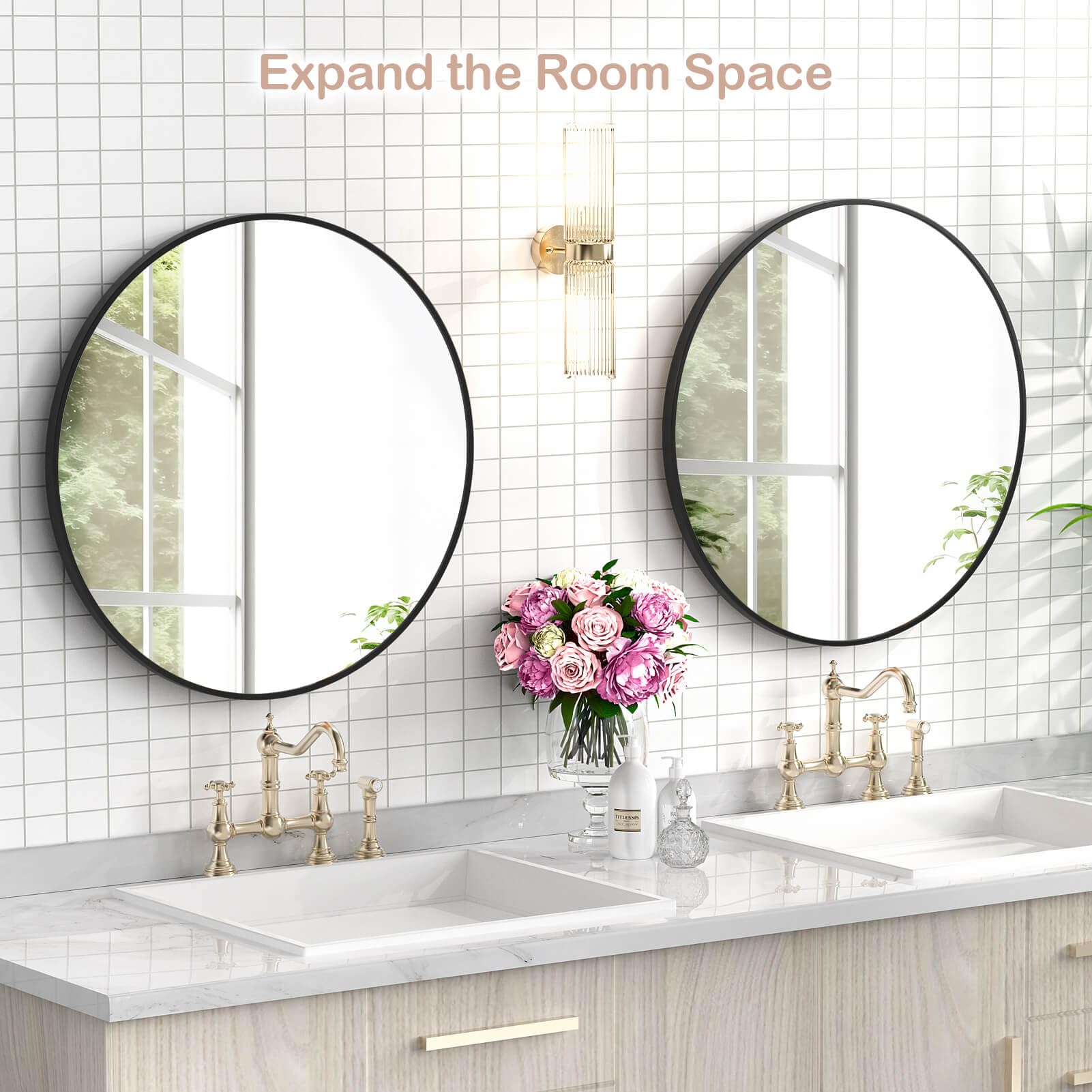 30 Inch Black Round Bathroom Mirror - Modern Metal Frame Wall Mirror